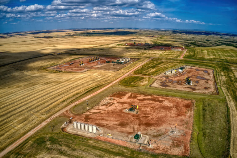 Aerial photo of a north Dakota landscape and oil field.