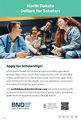 cover page of the 2023/2024 North Dakota Dollars for Scholars cards with a photo of four smiling students talking with each other