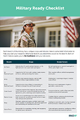 cover page of the 2023/2024 military ready checklist with a photo of a servicewoman standing near a US flag