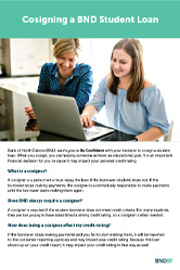 Image of the Cosigning a BND Student Loan card cover that has a photo of a parent and child looking at a laptop screen along with printed text