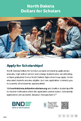 Image of the North Dakota Dollars for Scholars card cover that has a photo of a group of students talking around a table along with text