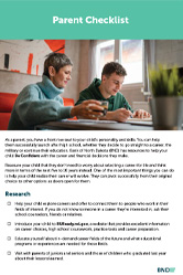 Image of the Parent Checklist card cover that has a photo of a parent with her son working at a computer along with text