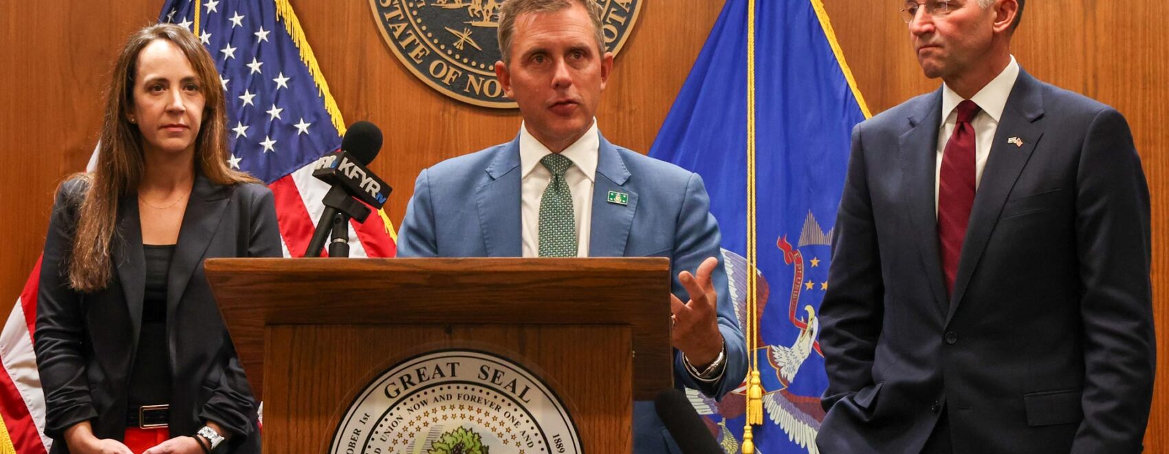 Gov Kelly Armstrong speaking during the press conference announcing the Furloughed Federal Employee Relief Program