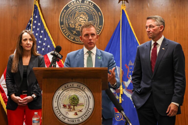 Gov Kelly Armstrong speaking during the press conference announcing the Furloughed Federal Employee Relief Program