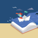 Clipart of a book with pages open to a cartoon character floating on water in a paper boat with a monocular telescope.