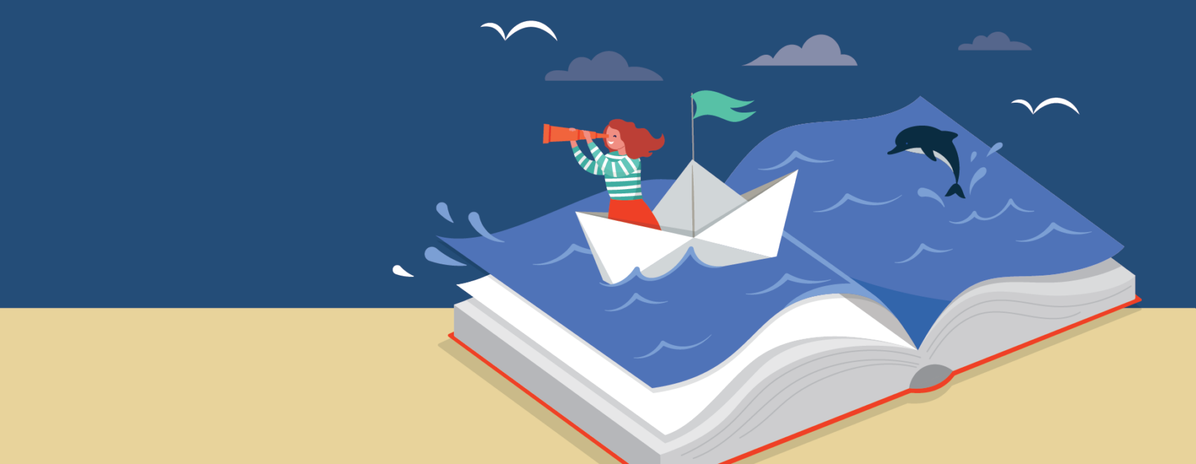 Clipart of a book with pages open to a cartoon character floating on water in a paper boat with a monocular telescope.