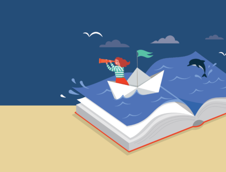 Clipart of a book with pages open to a cartoon character floating on water in a paper boat with a monocular telescope.
